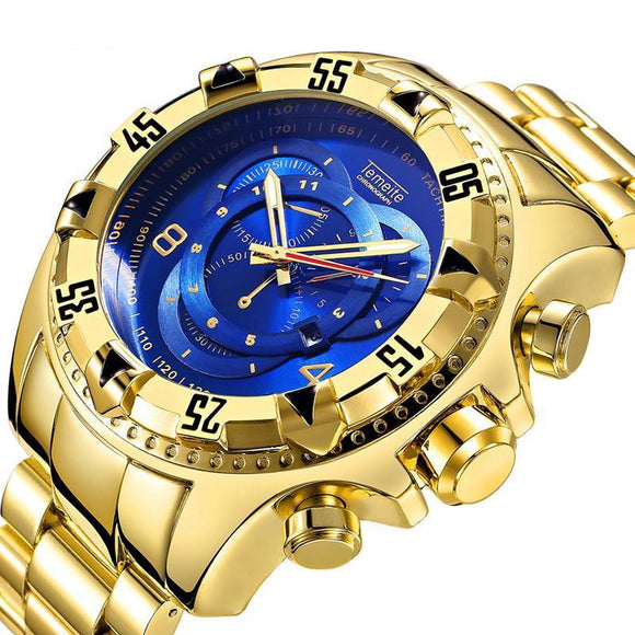 Reloj Pulsera Grande Creativo Oro Azul Acero Cuarzo Hombre Caballero A prueba de Agua