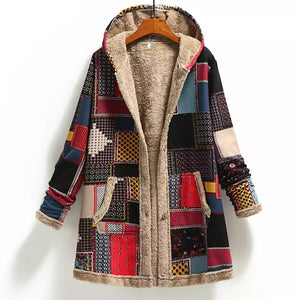 Abrigo chaqueta casaca chamarra larga con capucha de lana gruesa con estampado cálido y bolsillo