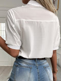 Blusa de encaje con bordado Floral para mujer. Camisa con cuello levantado y cuello en V. Tops elegantes de algodón de manga corta.