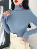 Suéter para mujer, jerséis acanalados, cuello alto con bordado de corazón, suéteres básicos