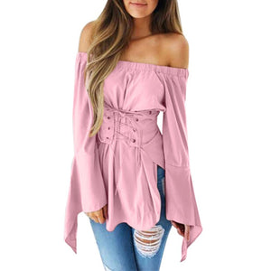 Camisa Blusa Sexy Cuello Bote Cintura Ajustada Manga Larga Mujer Dama