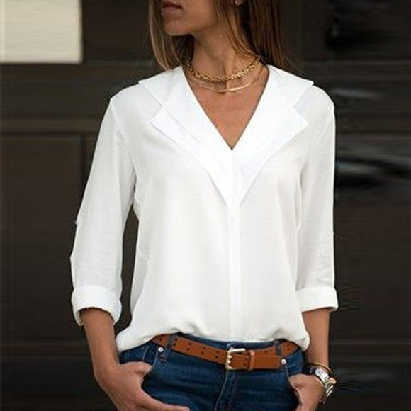 White Blouse Long Sleeve Chiffon Blouse Double V-neck Women Tops and Blouses Solid Office Shirt Lady Blouse Shirt Blusas Camisa