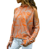 Women Blouses Sexy Cold Shoulder Tops Casual Turtleneck Knitted Top Jumper Pullover Print Long Sleeve Shirt Blusas Camisas Mujer