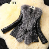 ALABIFU PU Leather Faux Fur Women Coat 2019 Casual Plus Size 5XL Short Fluffy Coat Black Faux Fur Collar Jacket Coat casaco